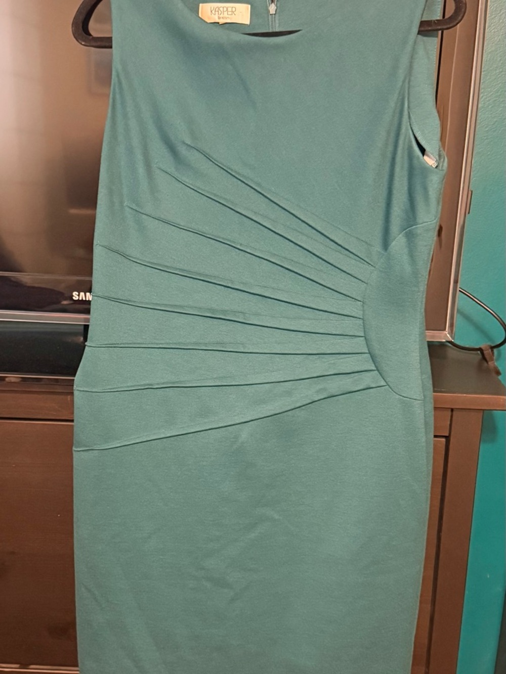 Kasper Teal Sheath Midi Dress with Radiating Pleat Detail